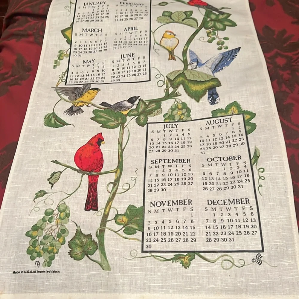 Vintage antique 1986 cloth calendar kitchen ready to hang EUC cardinals